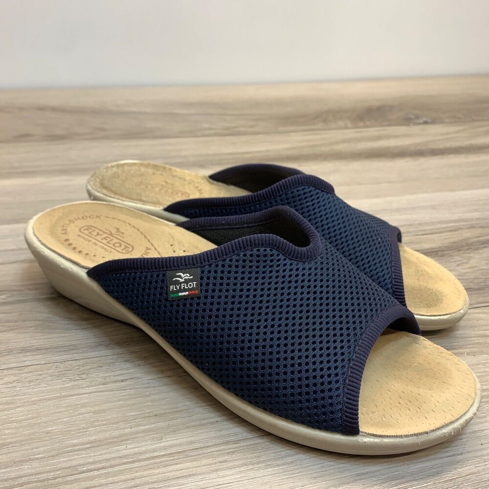 Fly Flot Navy Blue Mesh Slide Sandals‎ Womens Sz 40 Leather Insole Made In Italy